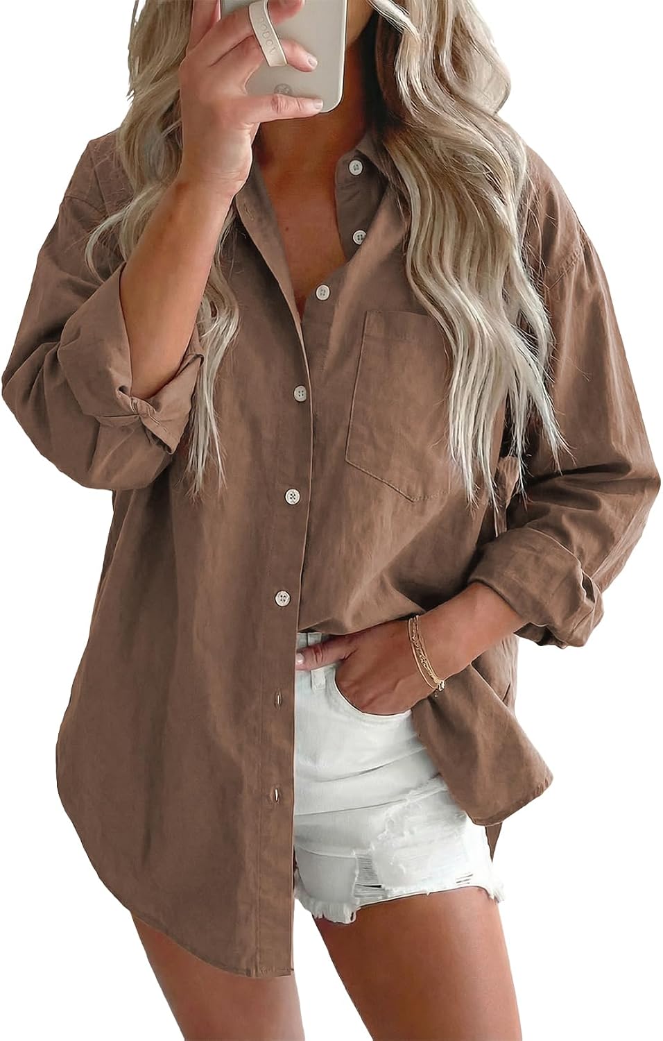 Women's Denim Button Down Shirt - V Neckline, Long Sleeves, Casual Chambray Blouse for Workdays and Weekends - Small