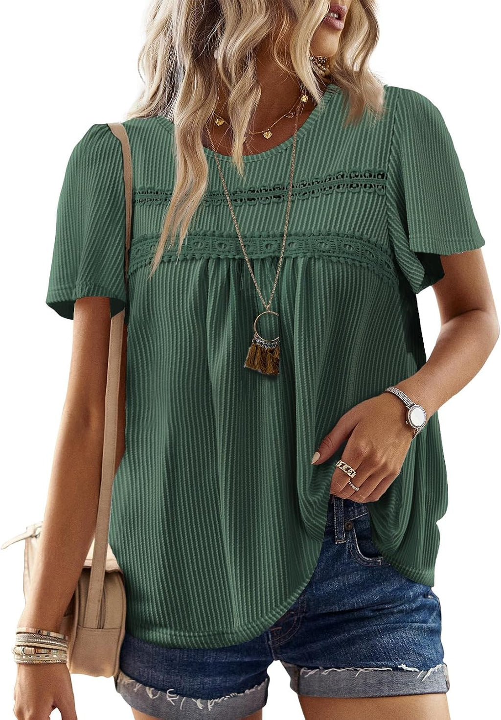 Women's Boho Ribbed Short Sleeve Top - Crochet Lace Trim, Flowy Loose Fit in Sizes XS to 5XL - Black (16)