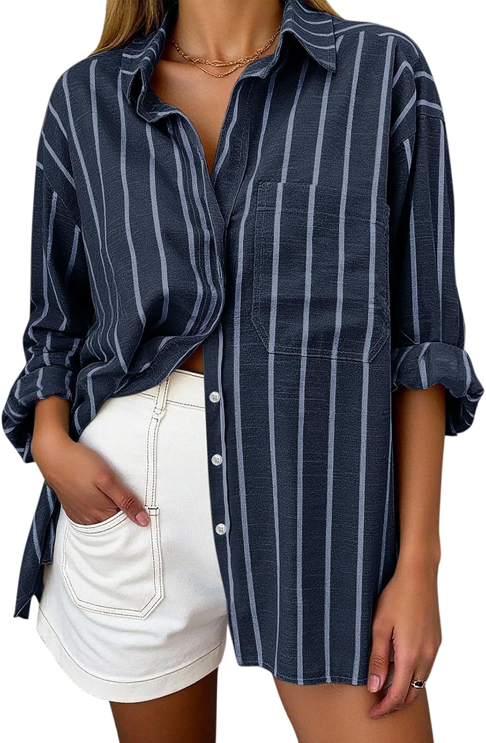 Women's Oversized Linen Blend Shirt - Striped, Long Sleeve Button Down with a Chest Pocket for Beach Days - Medium