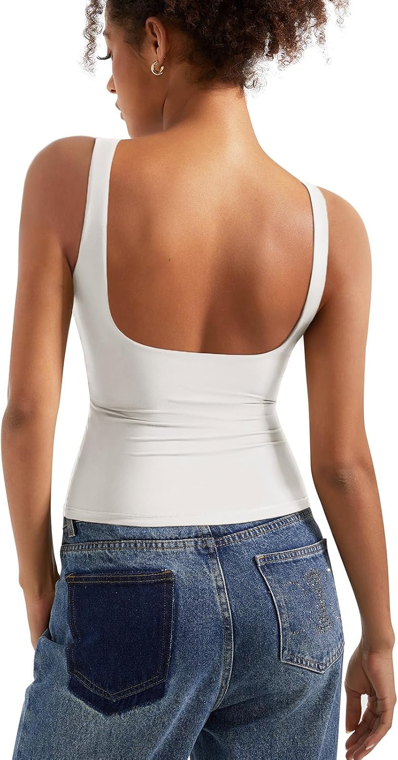 Women's Boat Neck Tank Top - Removable Padded Bra, Open Back, Double Lined Quick Dry Knit for Summer - Small