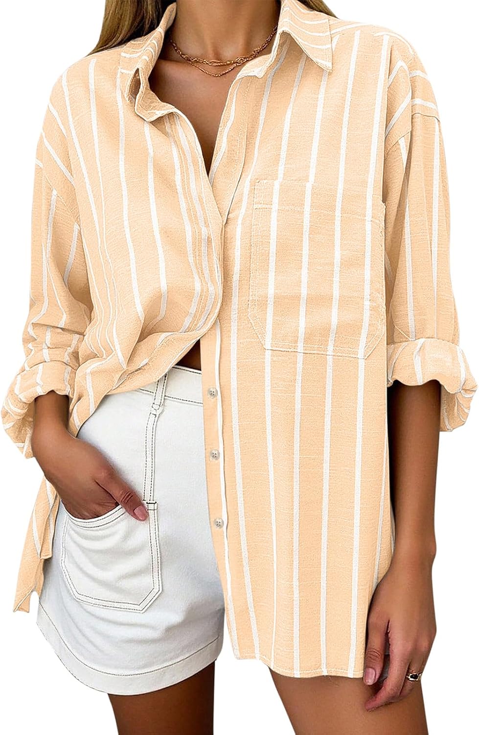Women's Oversized Linen Blend Shirt - Striped, Long Sleeve Button Down with a Chest Pocket for Beach Days - Medium