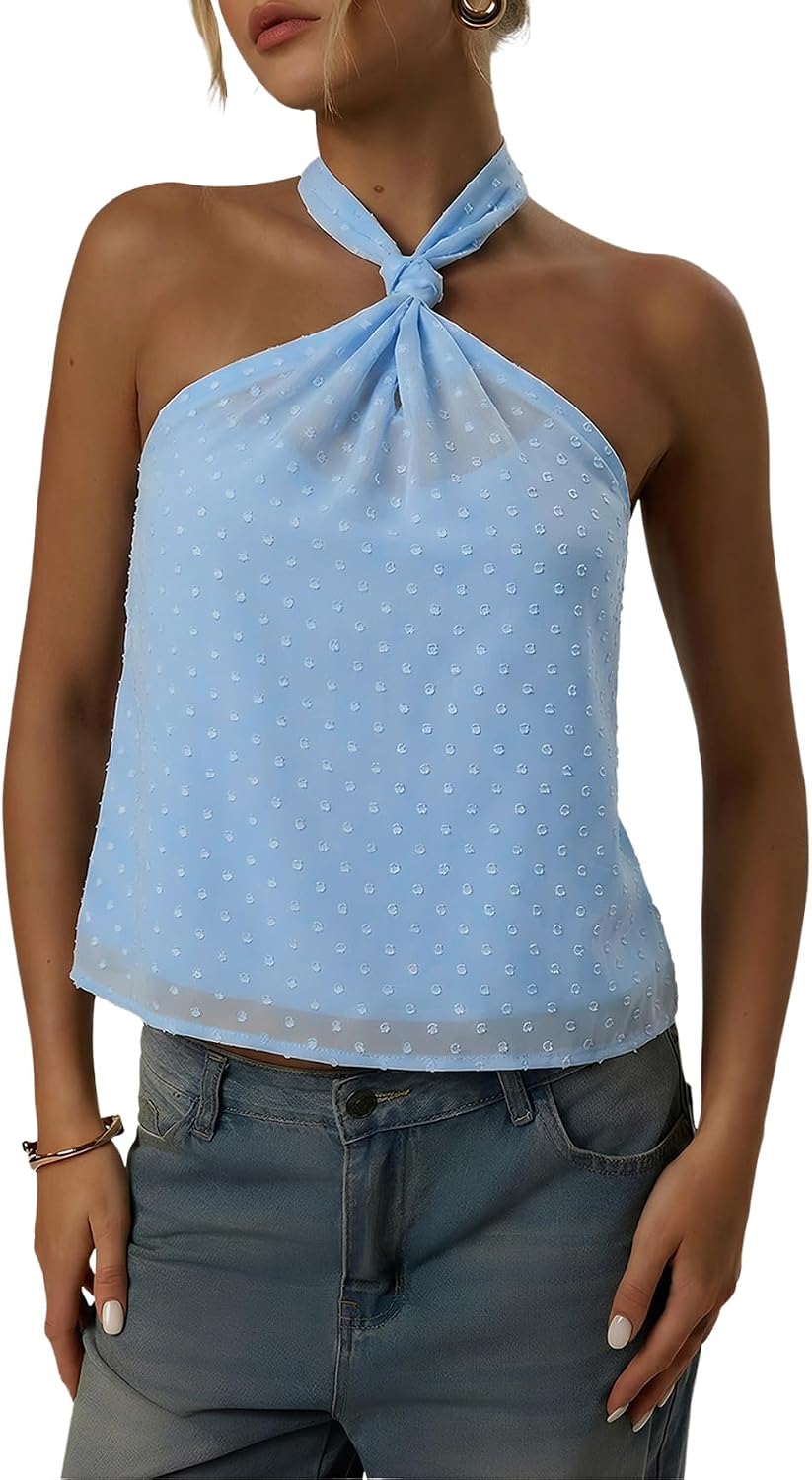 Women's Swiss Dot Halter Top - Tie Back Knot, Sheer Sleeveless Cut for Parties and Concert Nights - Small