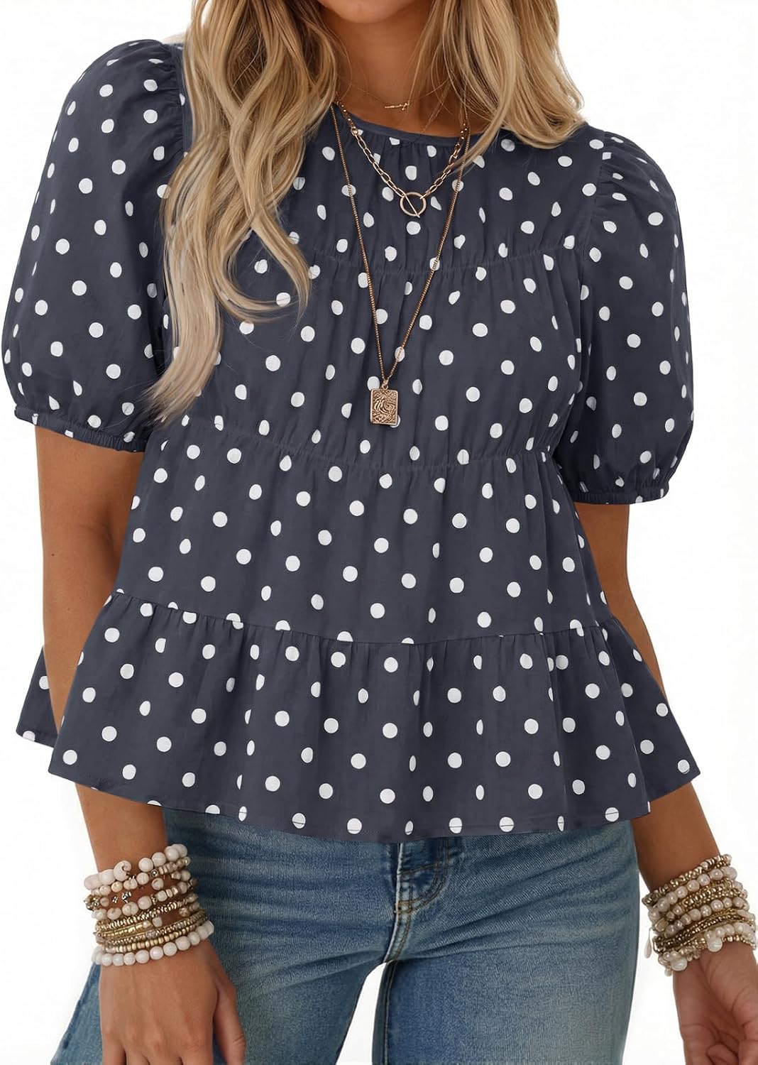 Women's Puff Sleeve Peplum Top - Pleated Babydoll Cut, Short Sleeve Cotton Blouse for Summer Outings - Apricot (4)