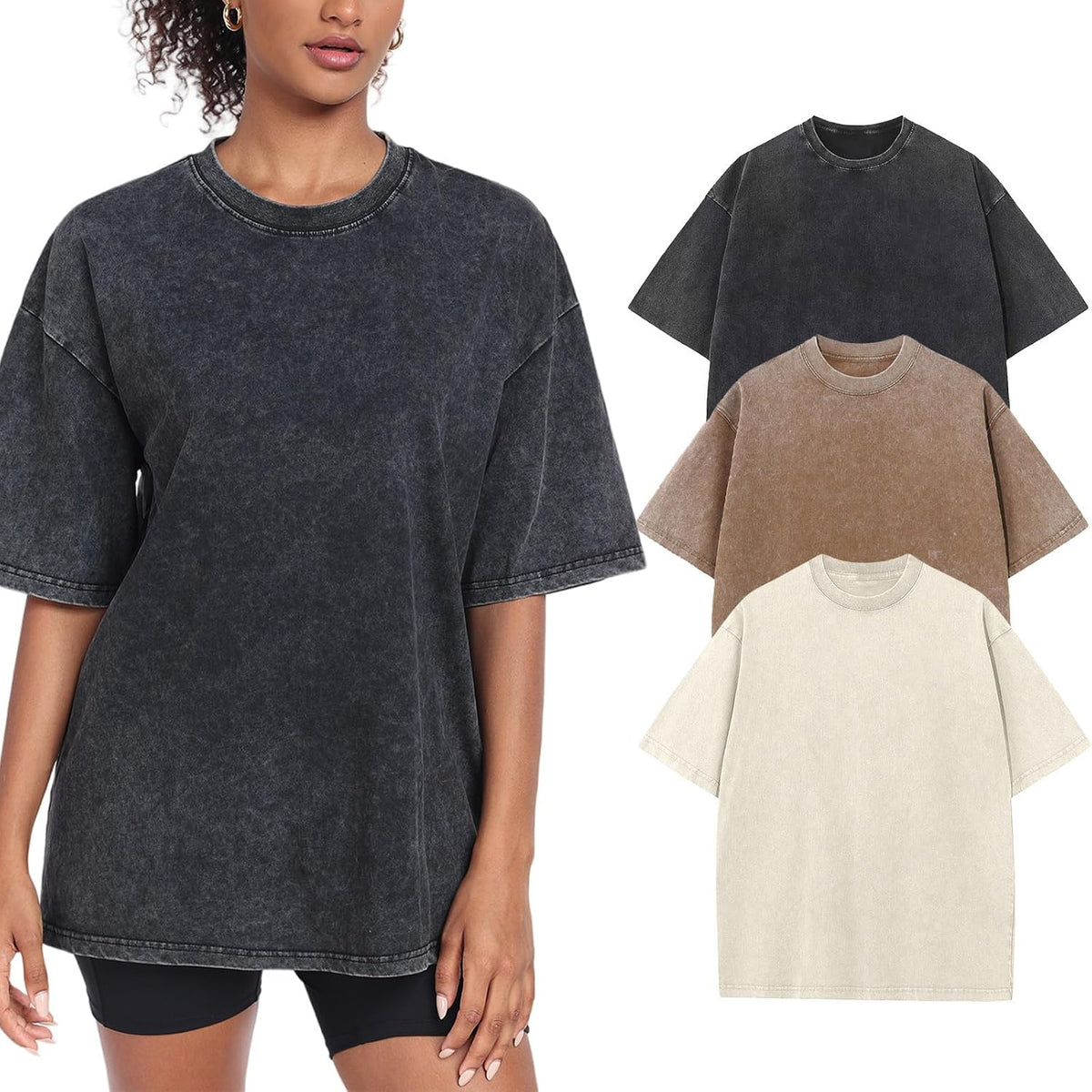 Women's Washed Vintage Oversized T-Shirt - Baggy Cotton Boyfriend Tee, Short Sleeve Street Wear Top - Small