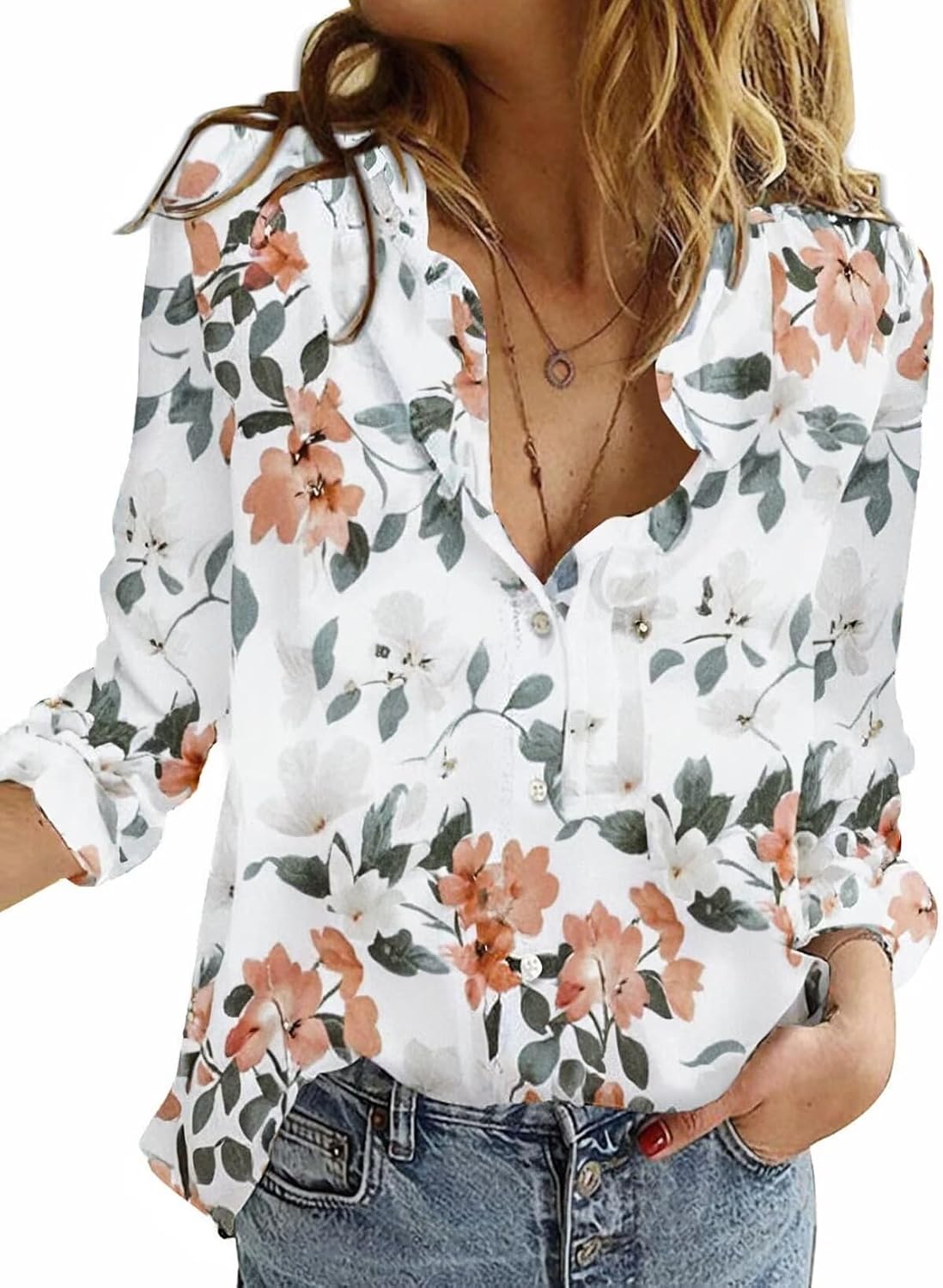 Women's V Neck Button Down Blouse - Roll Up Tab Sleeves, Casual Work Shirt in Solids and Floral Prints - Medium