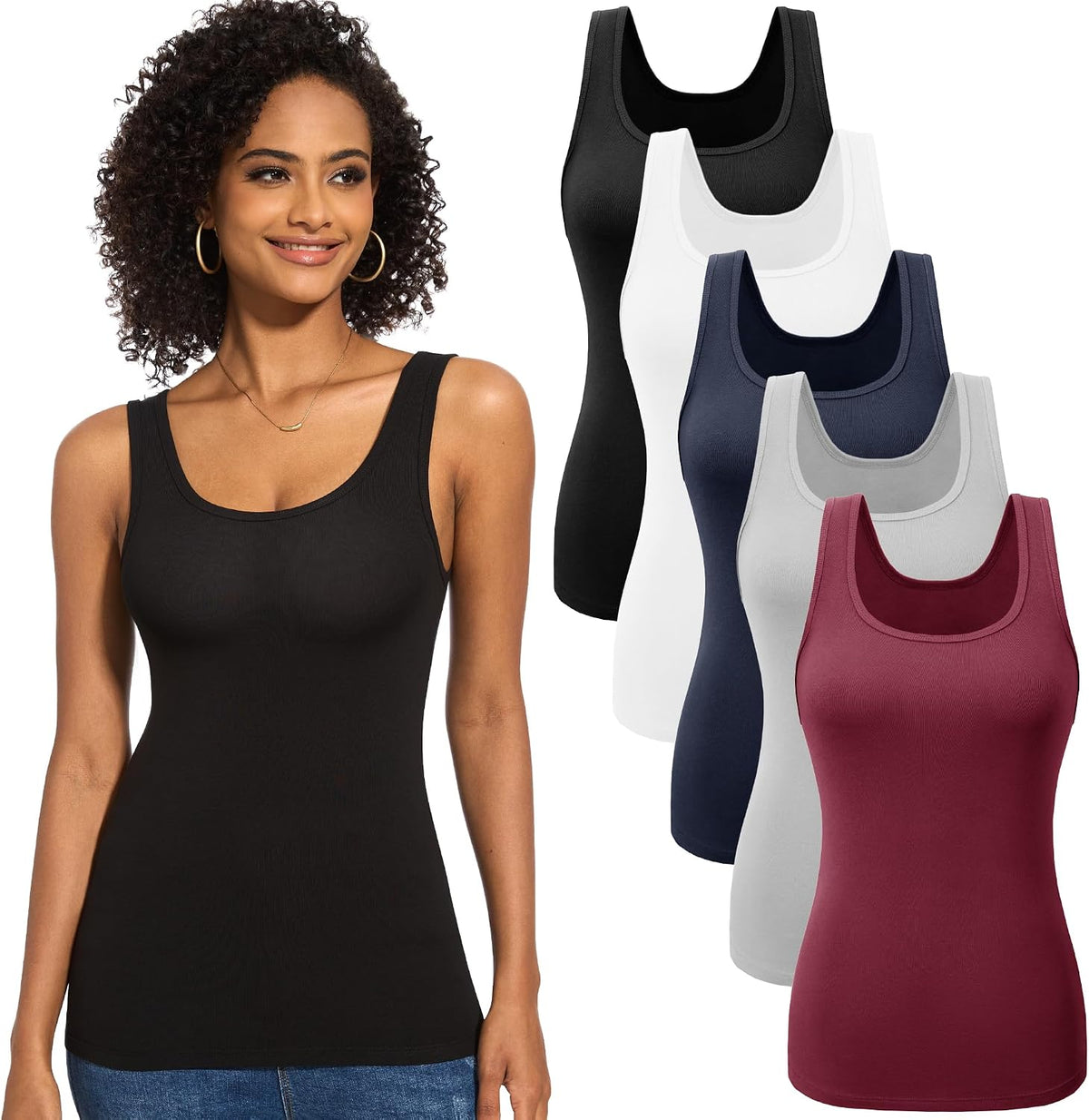 Women's Ribbed Tank Tops 5 Pack - Scoop Neck, Wide Straps, Stretch Fitted Layering Camis for Everyday Wear - Small