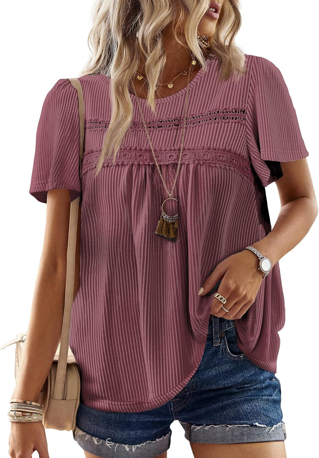Women's Boho Ribbed Short Sleeve Top - Crochet Lace Trim, Flowy Loose Fit in Sizes XS to 5XL - Apricot