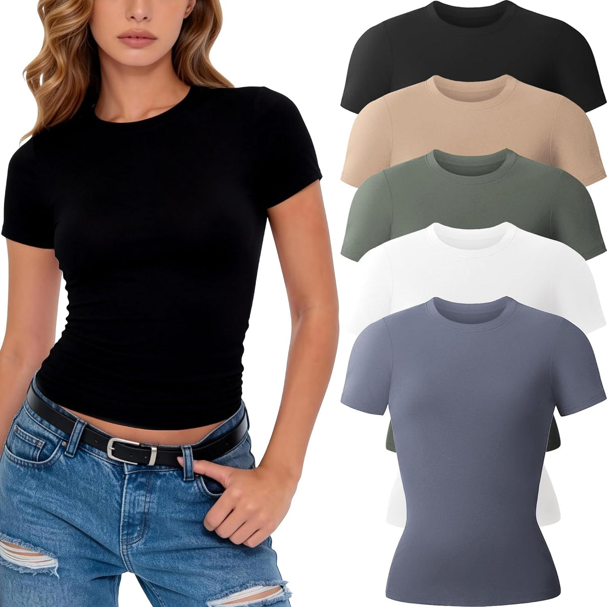 Women's Fitted Basic Tees 3 or 5 Pack - Crew Neck, Stretch Knit, Short Sleeve Tops for Layering and Gym - Small