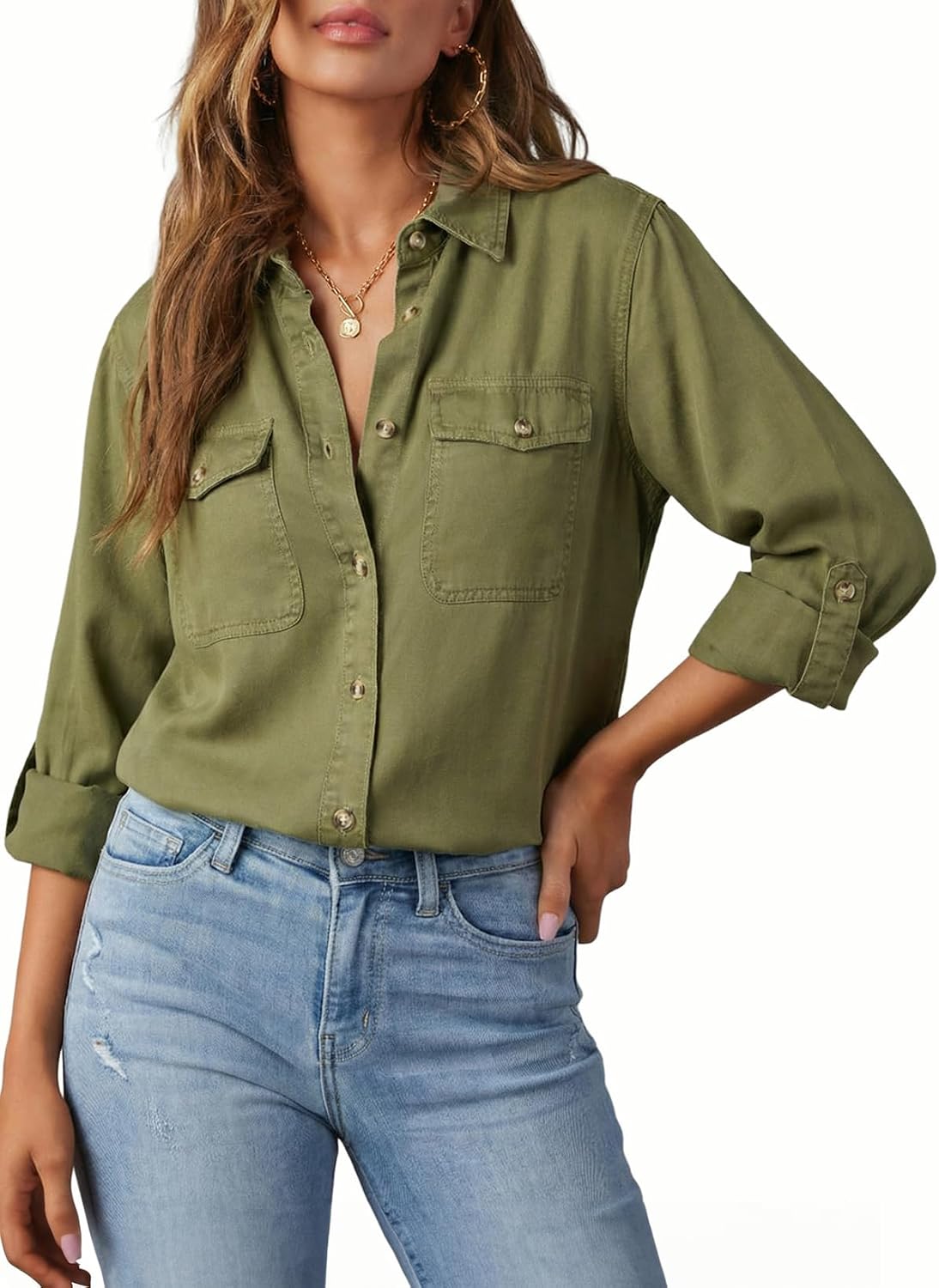 Women's Chambray Button Down Shirt - Long Sleeve, V Neckline, Soft Denim Blouse for Casual Workdays - Small