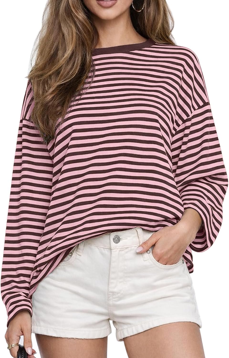 Women's Oversized Striped Long Sleeve Tee - Crew Neck, Contrast Stripe Knit, Relaxed Fall Top for Layering - Small (10)