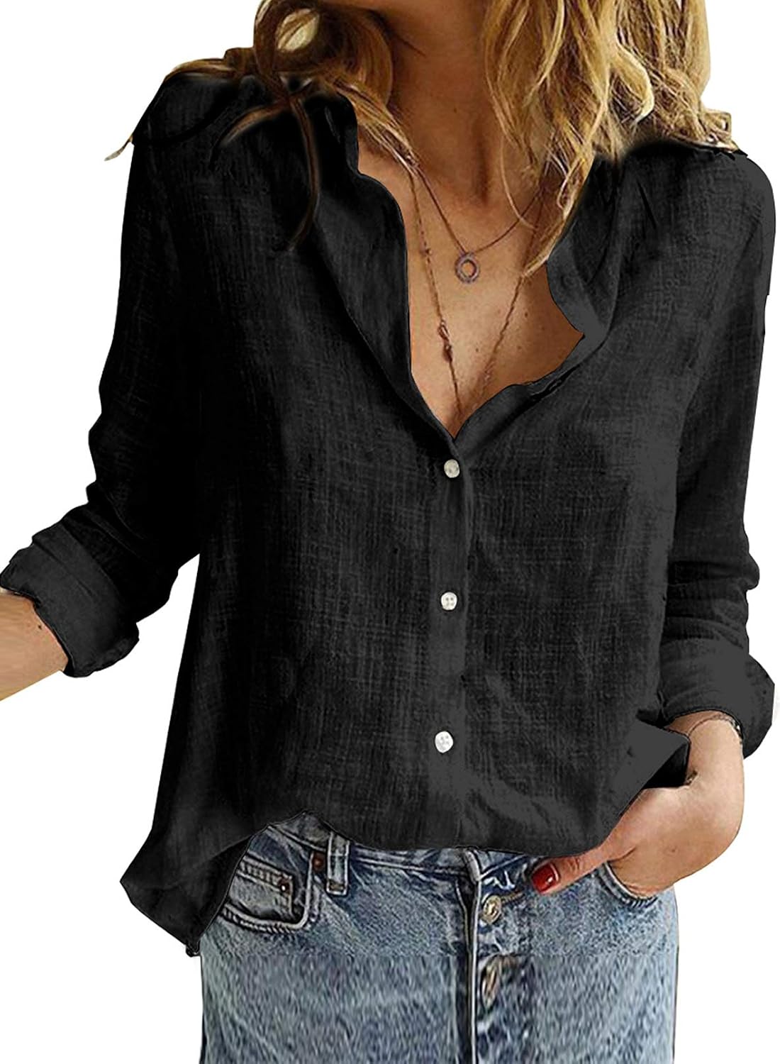 Women's V Neck Button Down Blouse - Roll Up Tab Sleeves, Casual Work Shirt in Solids and Floral Prints - Small