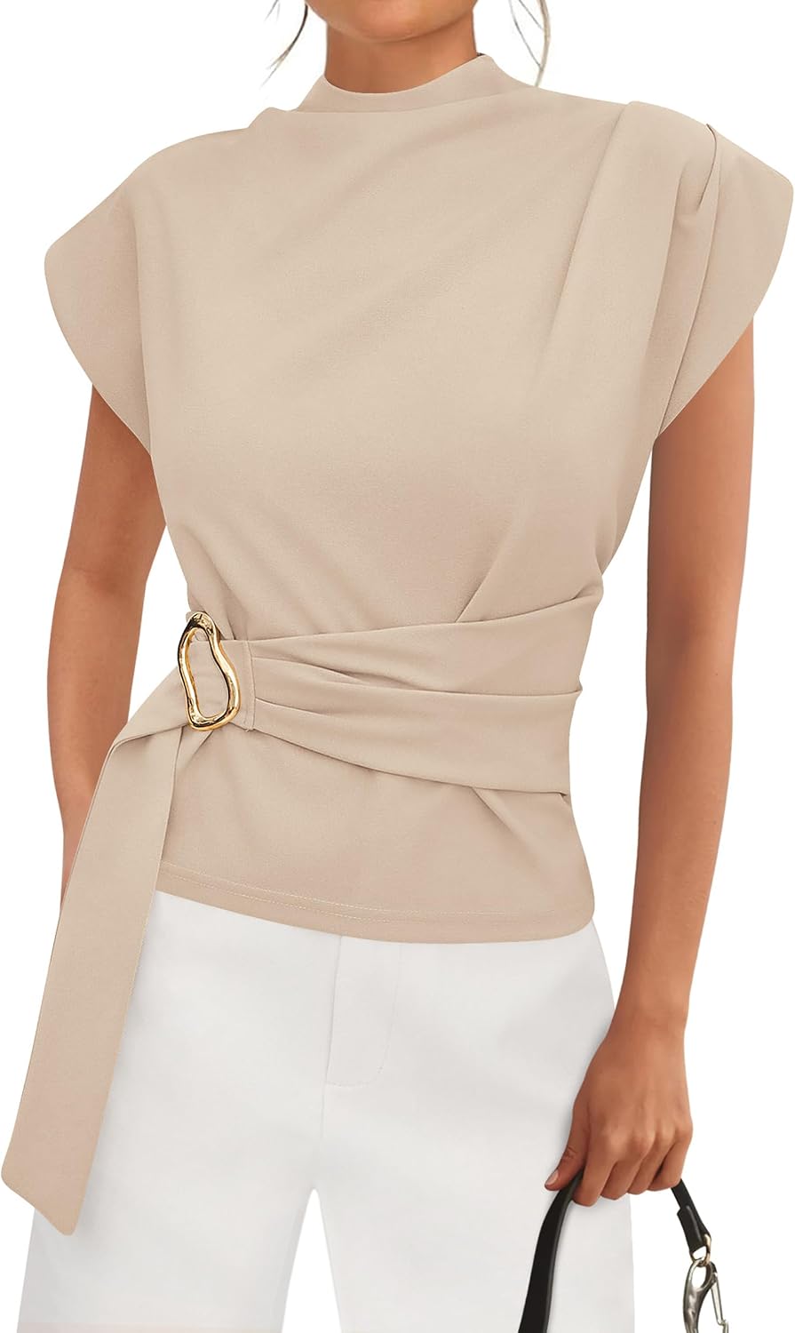 Women's Mock Neck Blouse - Cap Sleeves, Buckle Belt Detail and Back Zip for Business Casual Office Days - Small