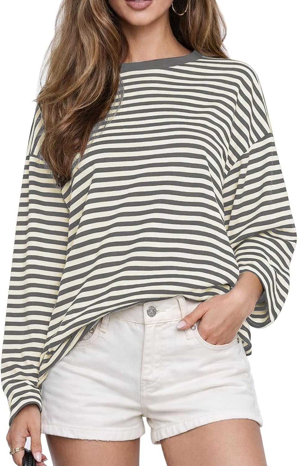 Women's Oversized Striped Long Sleeve Tee - Crew Neck, Contrast Stripe Knit, Relaxed Fall Top for Layering - Small