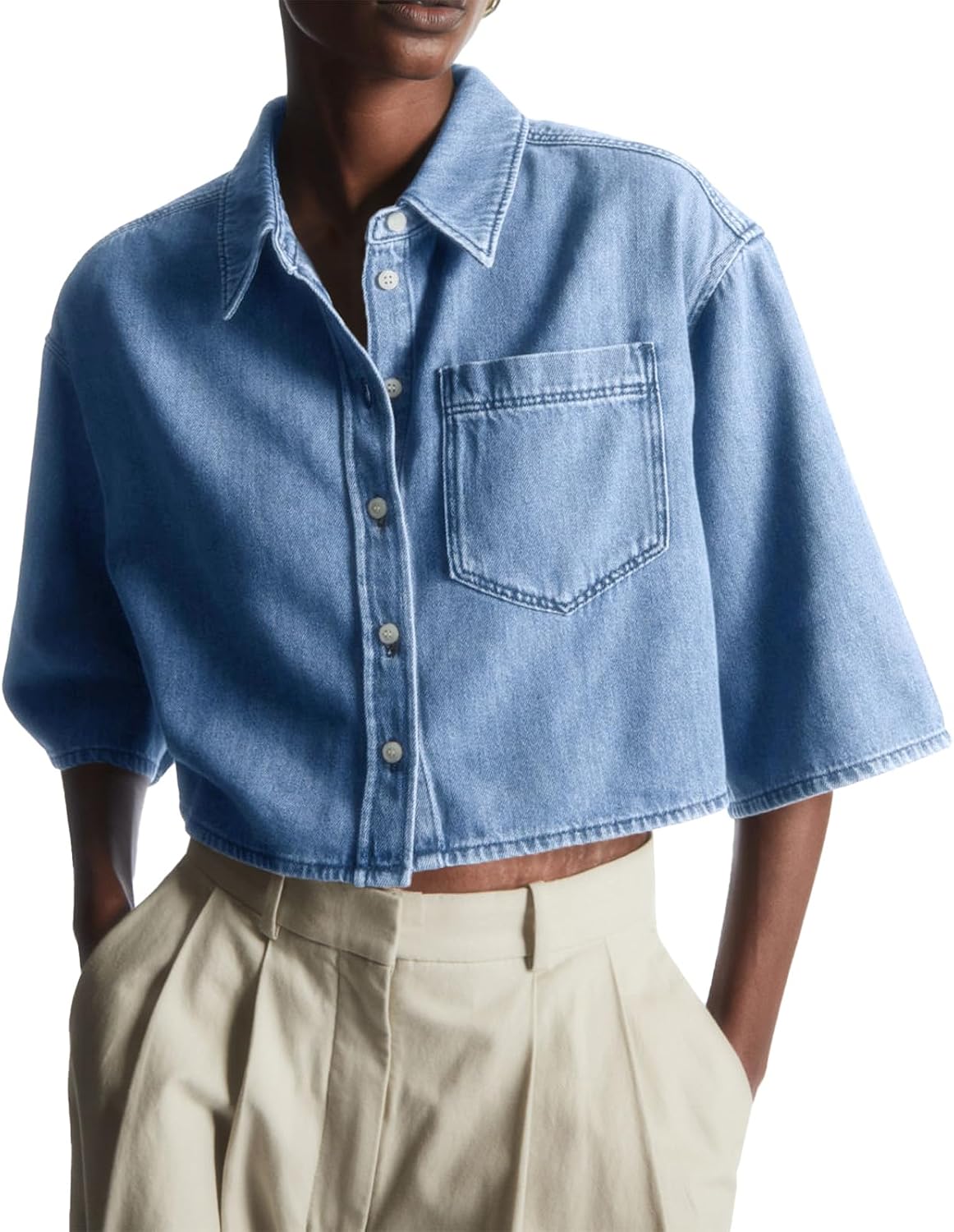 Women's Cropped Denim Shirt - Half Sleeves, Button Front, Chest Pockets and Loose Fit for Summer Days - Small