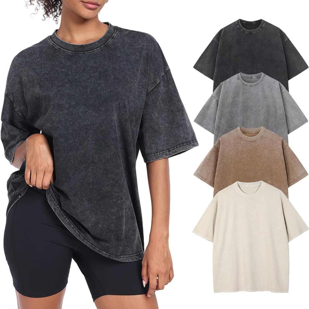 Women's Acid Wash Oversized T-Shirt - Baggy Boyfriend Cut, Cotton Short Sleeve Tee for Gym and Street Wear - Small