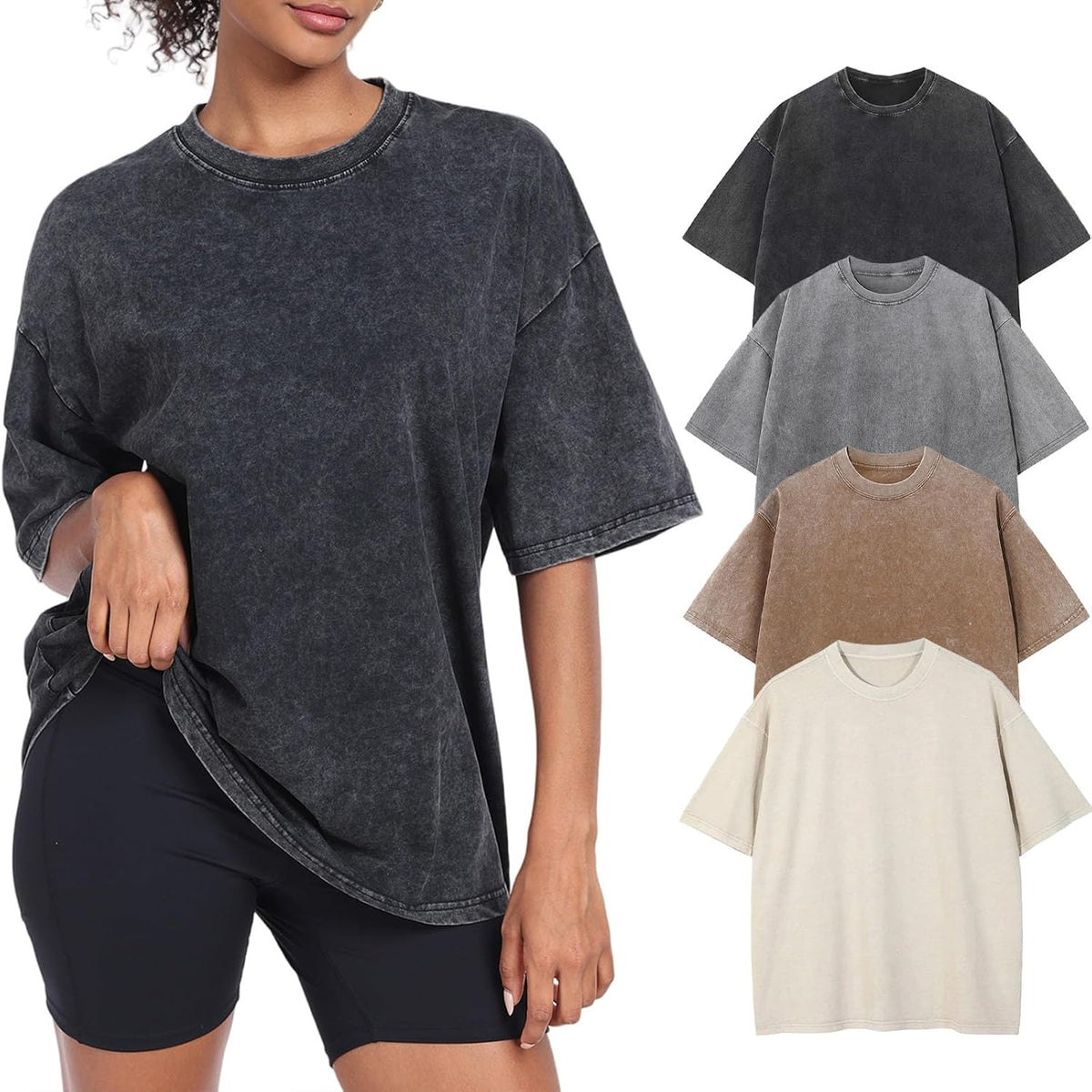 Women's Acid Wash Oversized T-Shirt - Baggy Boyfriend Cut, Cotton Short Sleeve Tee for Gym and Street Wear - Small