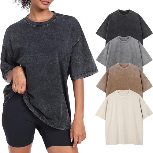 Women's Acid Wash Oversized T-Shirt - Baggy Boyfriend Cut, Cotton Short Sleeve Tee for Gym and Street Wear - Small