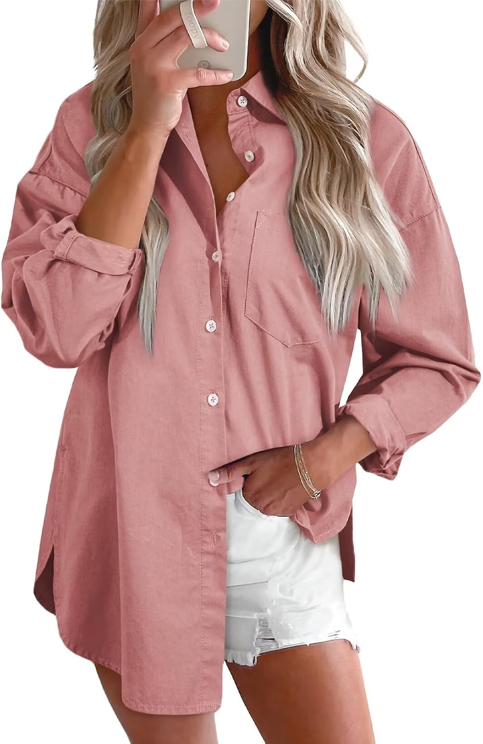 Women's Denim Button Down Shirt - V Neckline, Long Sleeves, Casual Chambray Blouse for Workdays and Weekends - Small