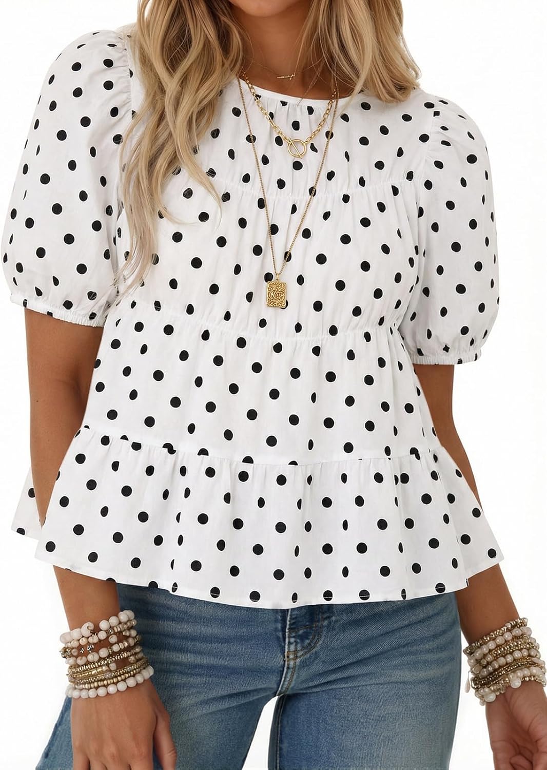 Women's Puff Sleeve Peplum Top - Pleated Babydoll Cut, Short Sleeve Cotton Blouse for Summer Outings - Navy Polka Dot