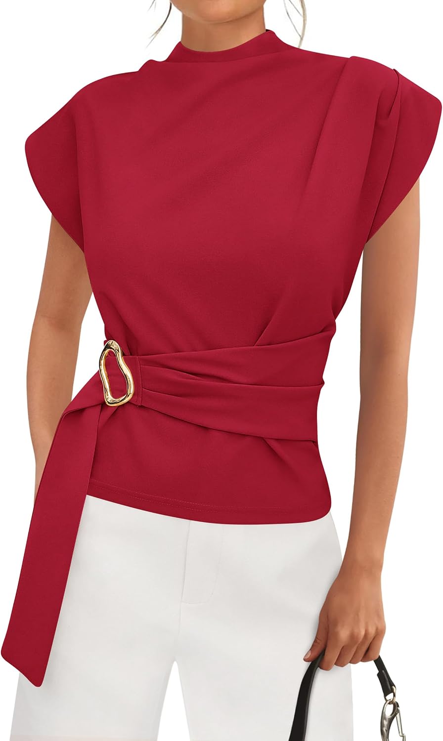 Women's Mock Neck Blouse - Cap Sleeves, Buckle Belt Detail and Back Zip for Business Casual Office Days - Large