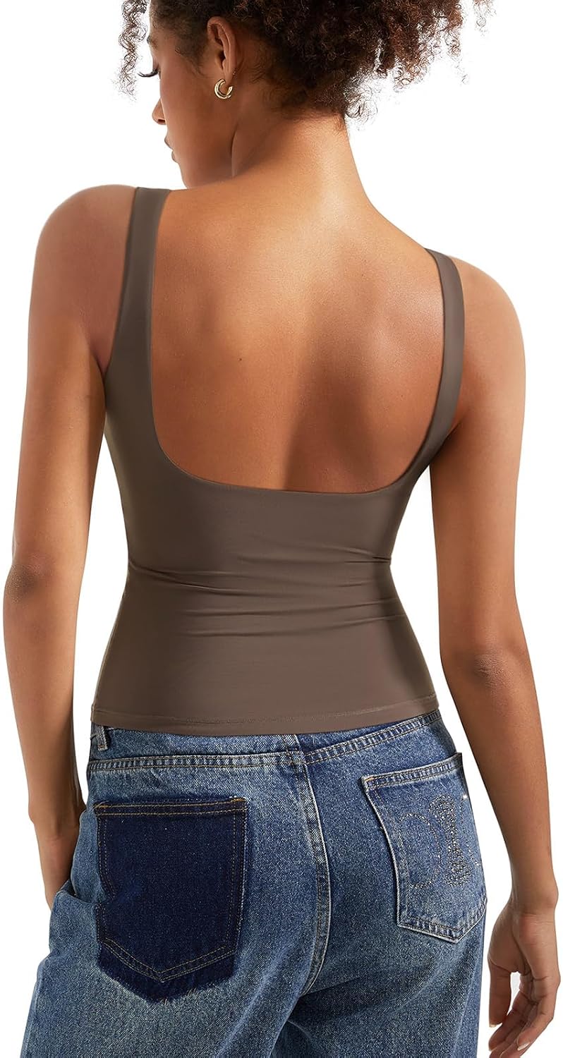 Women's Boat Neck Tank Top - Removable Padded Bra, Open Back, Double Lined Quick Dry Knit for Summer - Large