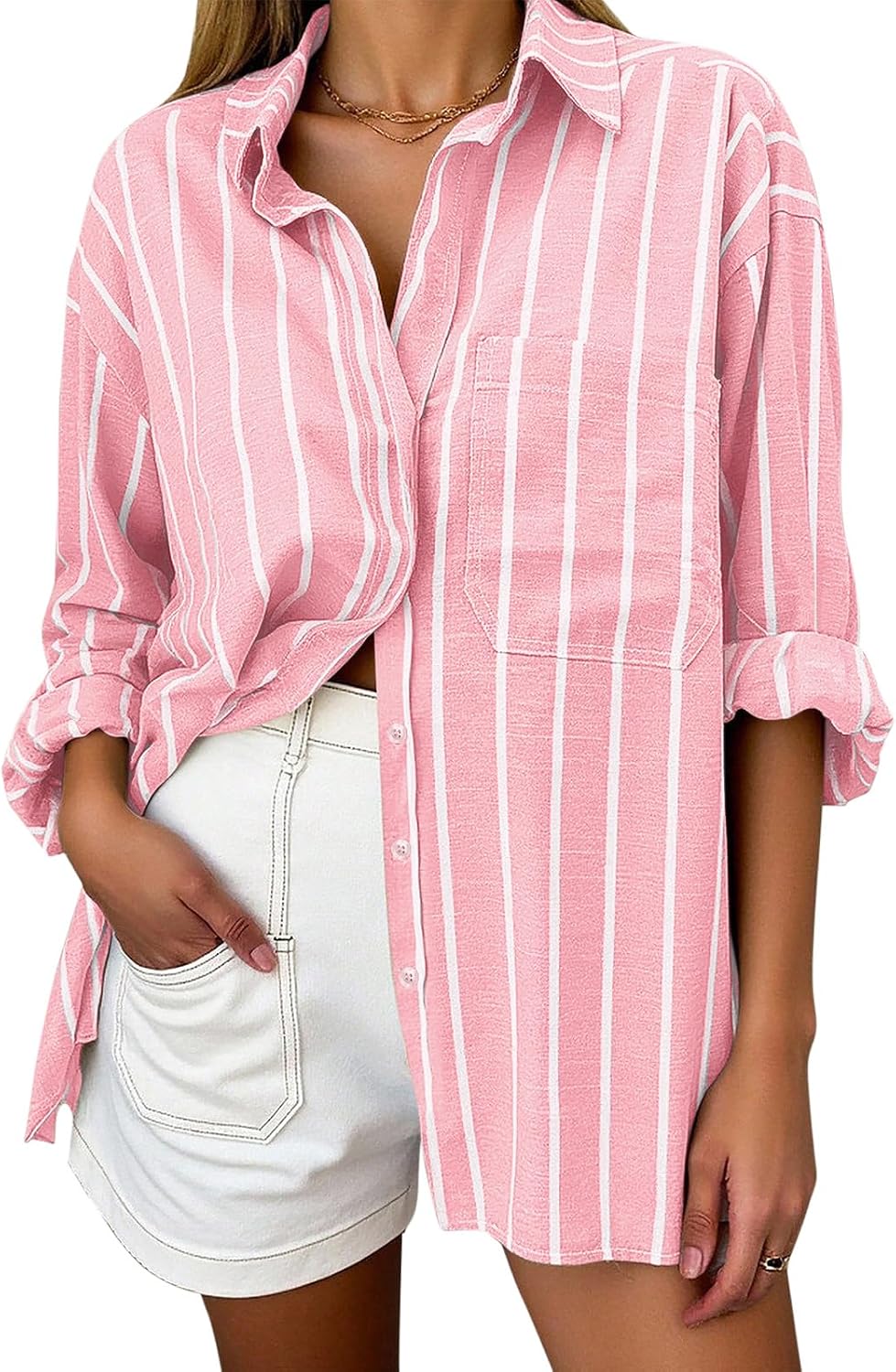 Women's Oversized Linen Blend Shirt - Striped, Long Sleeve Button Down with a Chest Pocket for Beach Days - Small