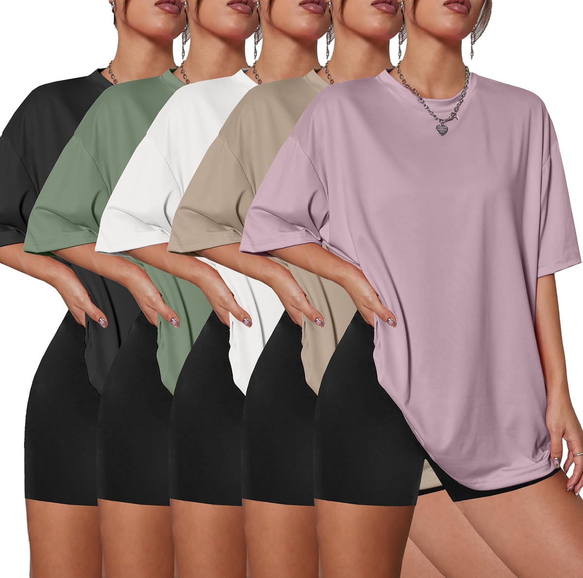 Women's Oversized Crew Neck T-Shirts 5 Pack - Short Sleeve, Baggy Loose Fit, Sizes to 3XL for Summer Wear - 1 Black 1 Wh