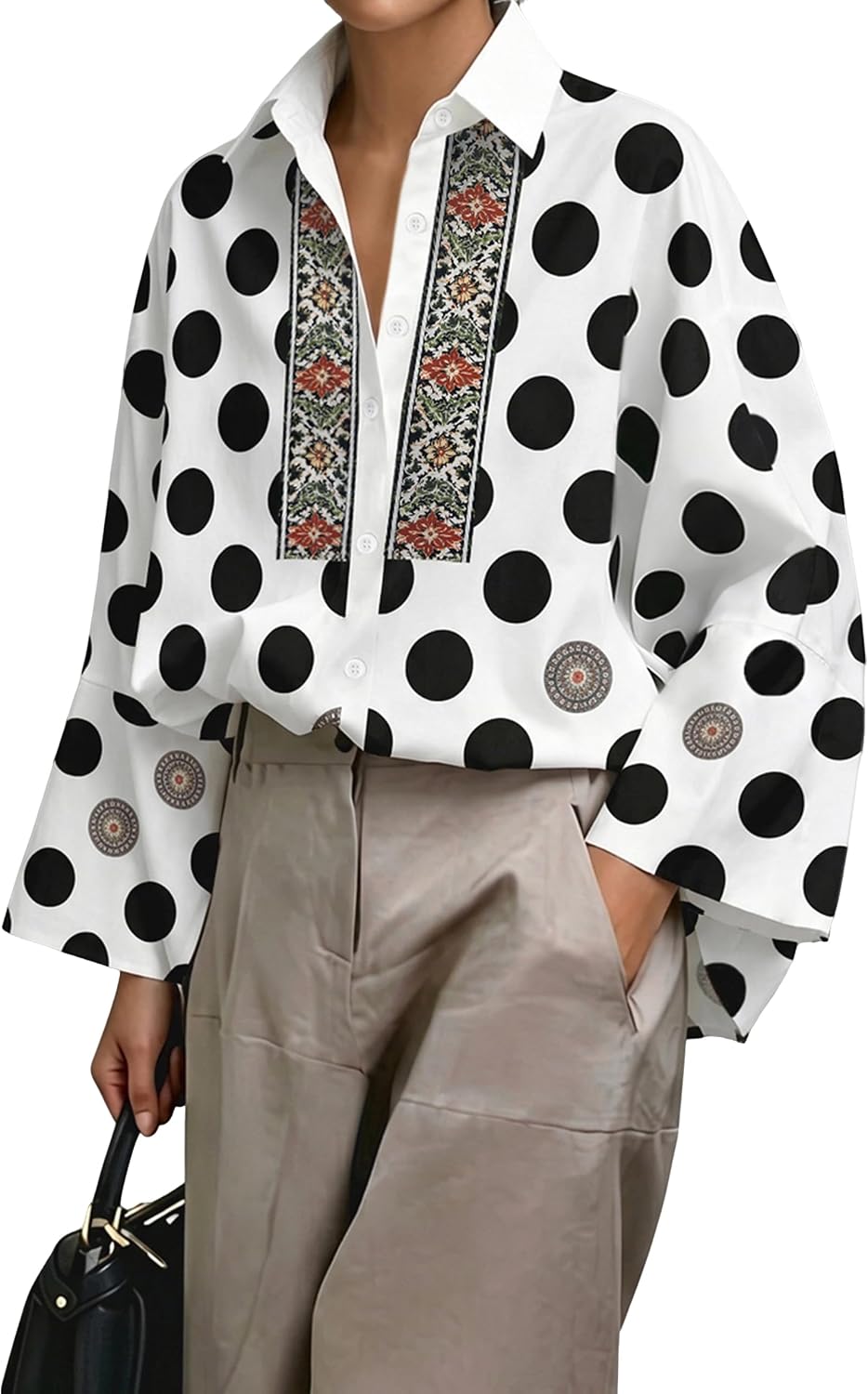 Women's Button Down Work Blouse - Three Quarter Sleeves, Loose Collared Fit for Office and Casual Days - Small