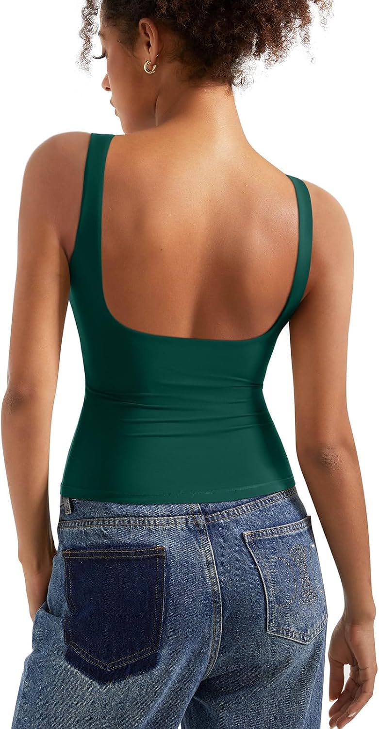 Women's Boat Neck Tank Top - Removable Padded Bra, Open Back, Double Lined Quick Dry Knit for Summer - Medium