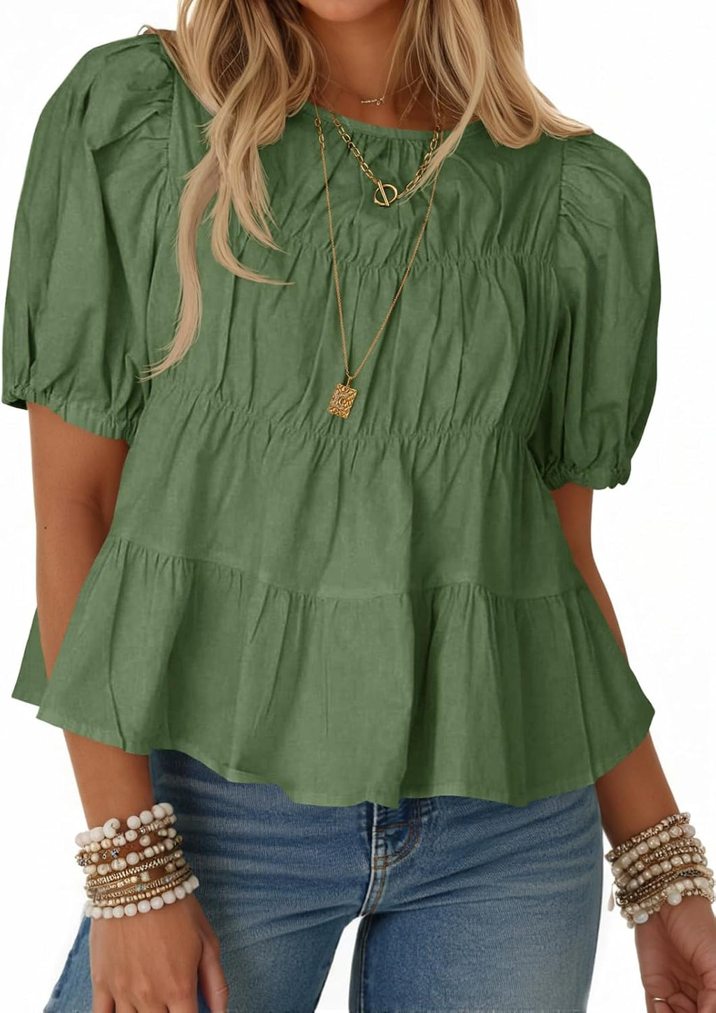 Women's Puff Sleeve Peplum Top - Pleated Babydoll Cut, Short Sleeve Cotton Blouse for Summer Outings - Light Yellow (14)