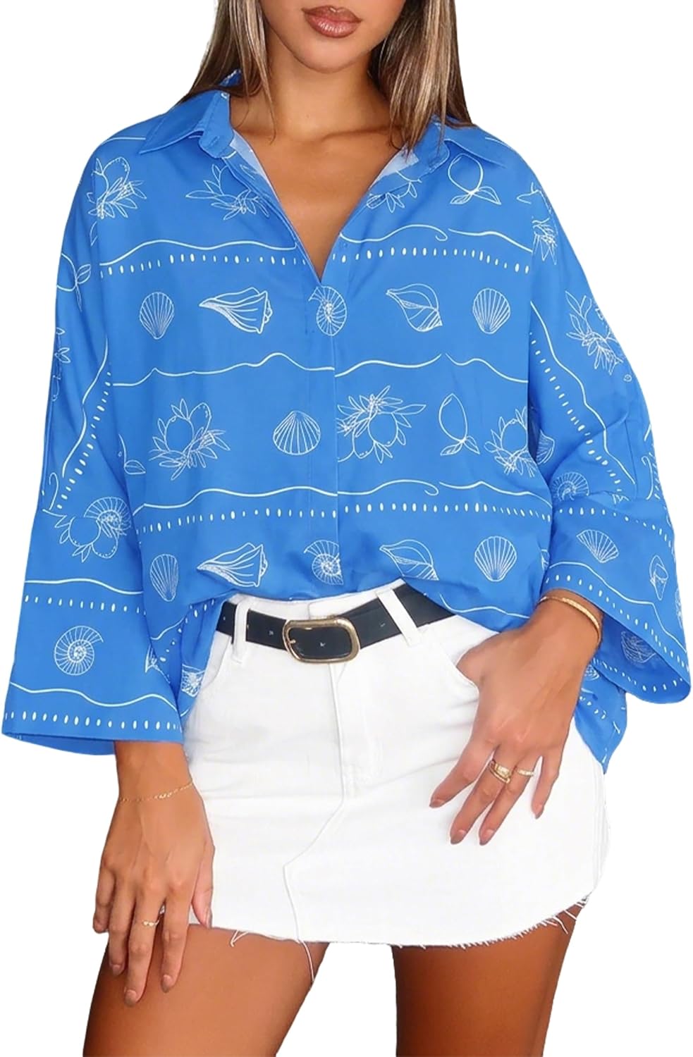 Women's Button Down Work Blouse - Three Quarter Sleeves, Loose Collared Fit for Office and Casual Days - Small