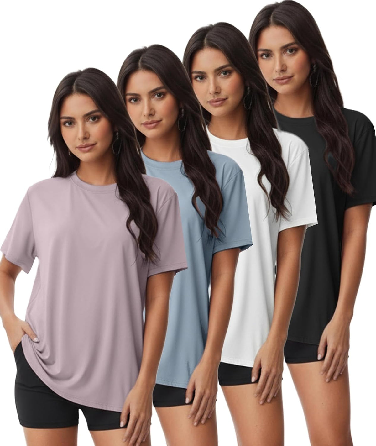 Women's Basic Workout Tees 4 Pack - Crew Neck, Loose Fit Short Sleeve Tops for Gym and Daily Wear - Small