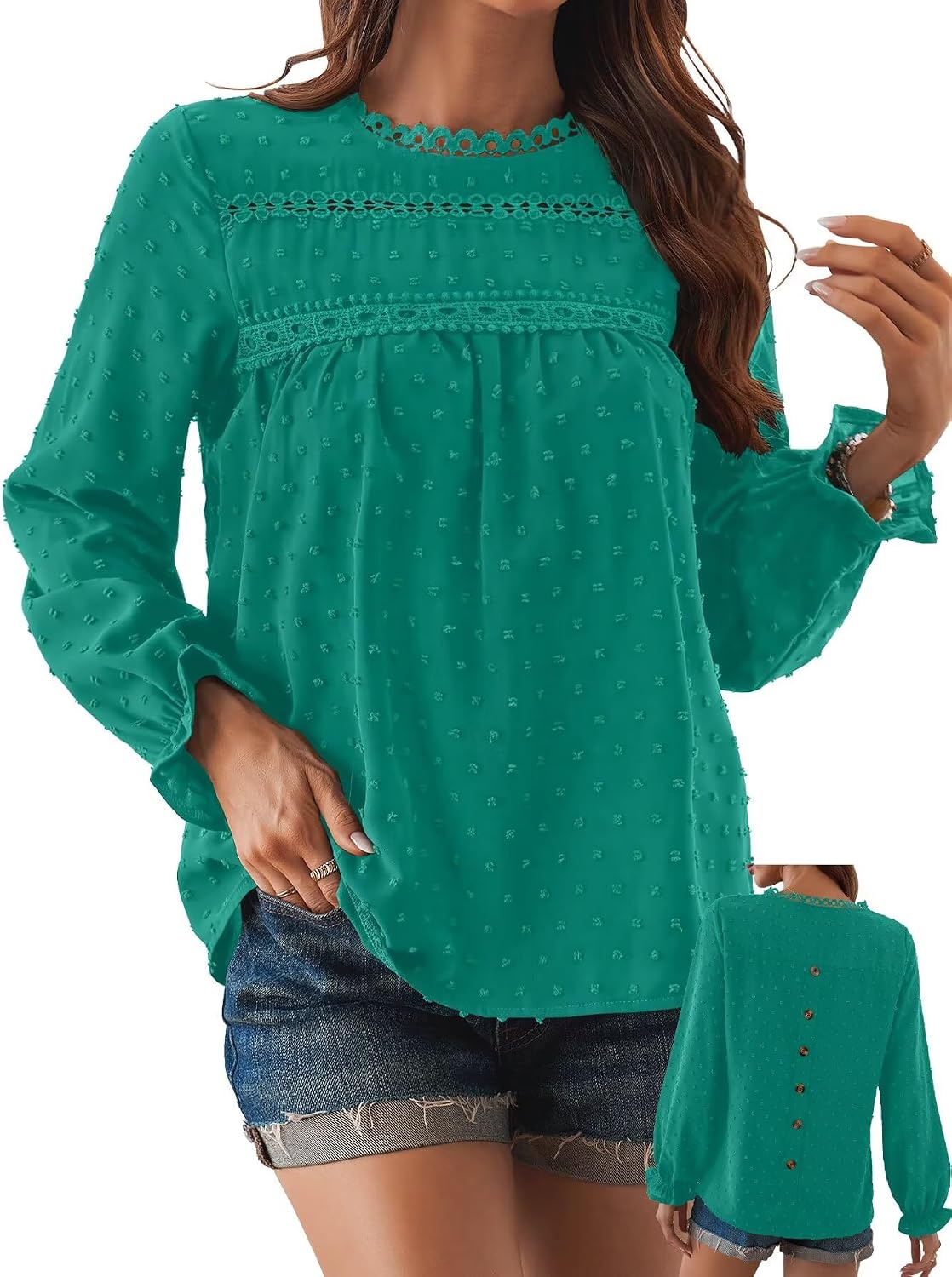 Women's Swiss Dot Ruffle Blouse - Long Sleeve Crew Neck, Eyelet Lace Trim, Flowy Fit in Sizes XS to 5XL - Small