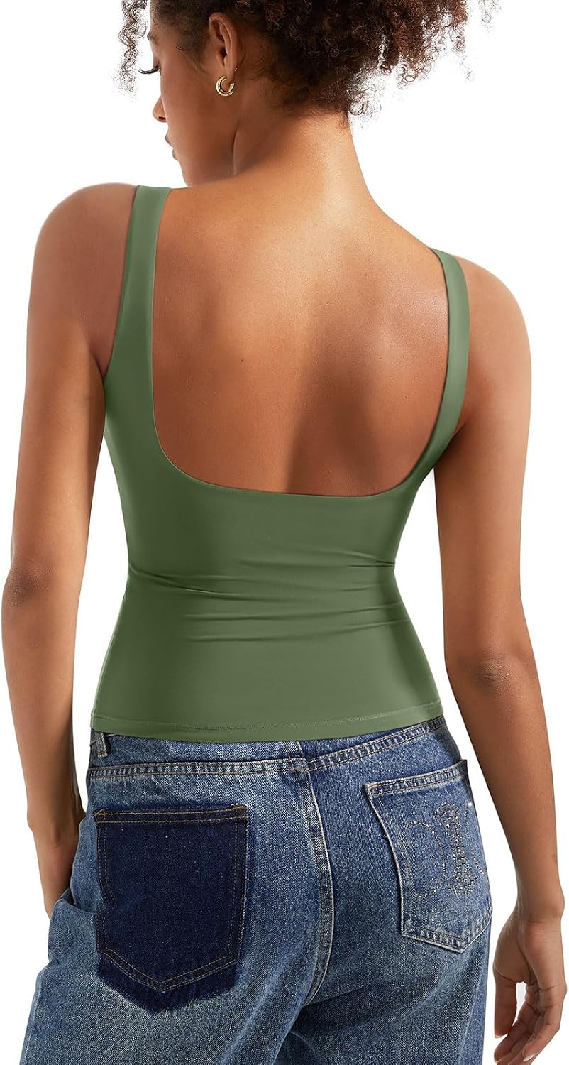 Women's Boat Neck Tank Top - Removable Padded Bra, Open Back, Double Lined Quick Dry Knit for Summer - Medium