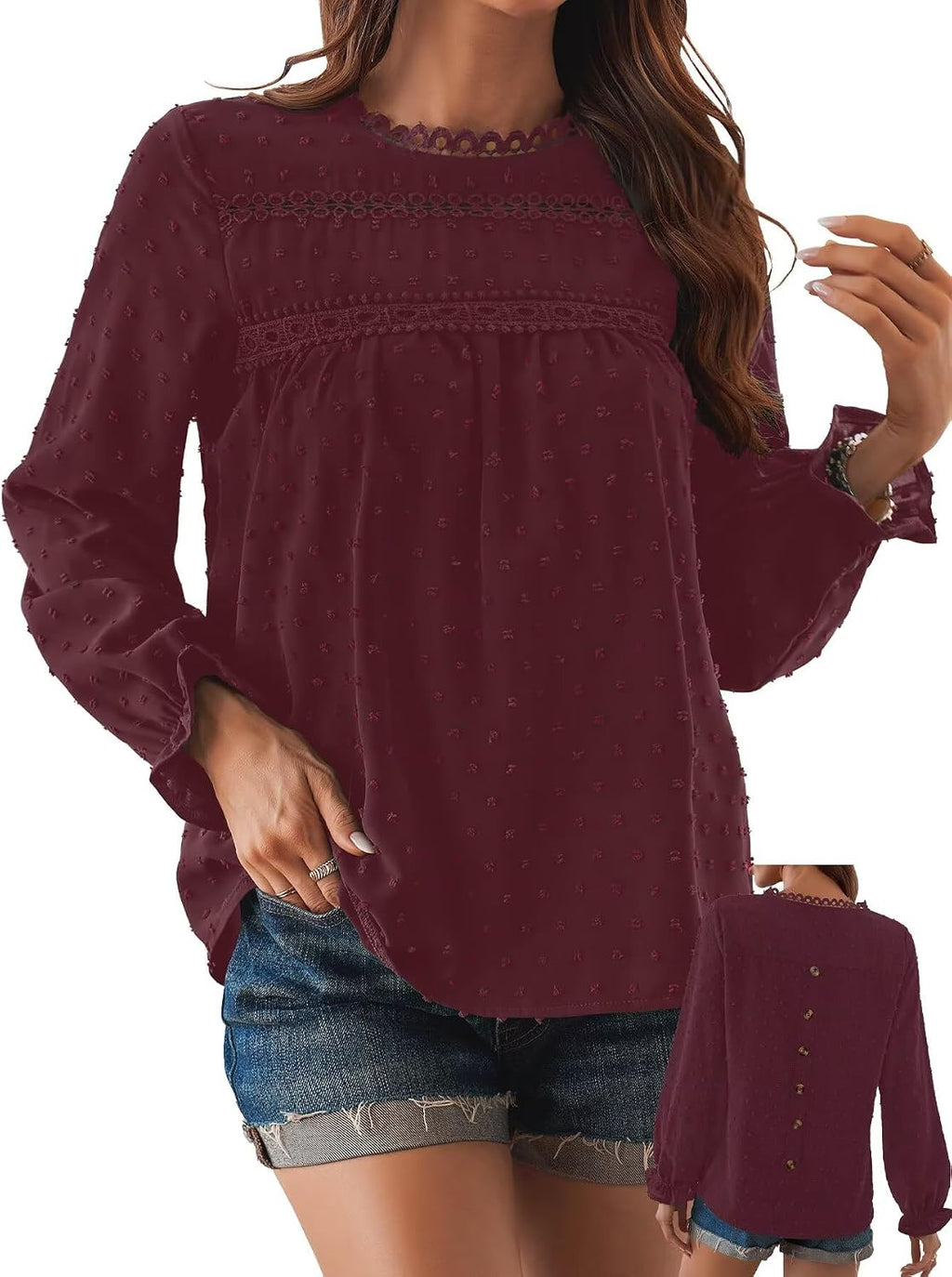 Women's Swiss Dot Ruffle Blouse - Long Sleeve Crew Neck, Eyelet Lace Trim, Flowy Fit in Sizes XS to 5XL - Medium