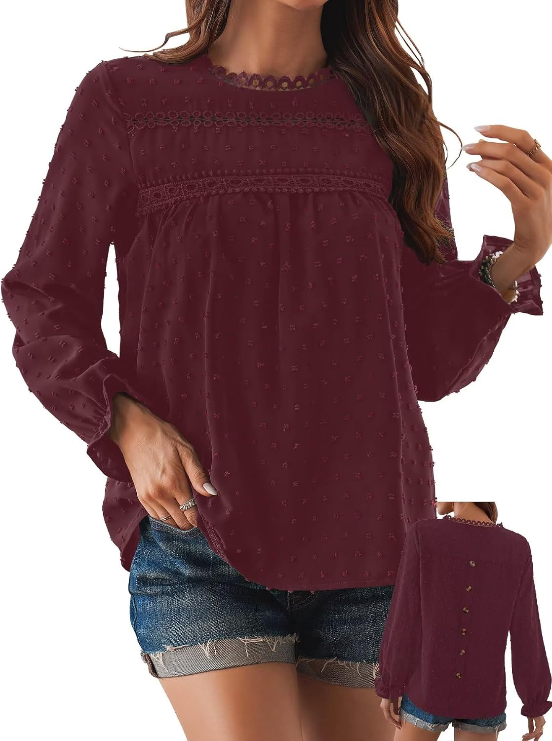 Women's Swiss Dot Ruffle Blouse - Long Sleeve Crew Neck, Eyelet Lace Trim, Flowy Fit in Sizes XS to 5XL - Medium