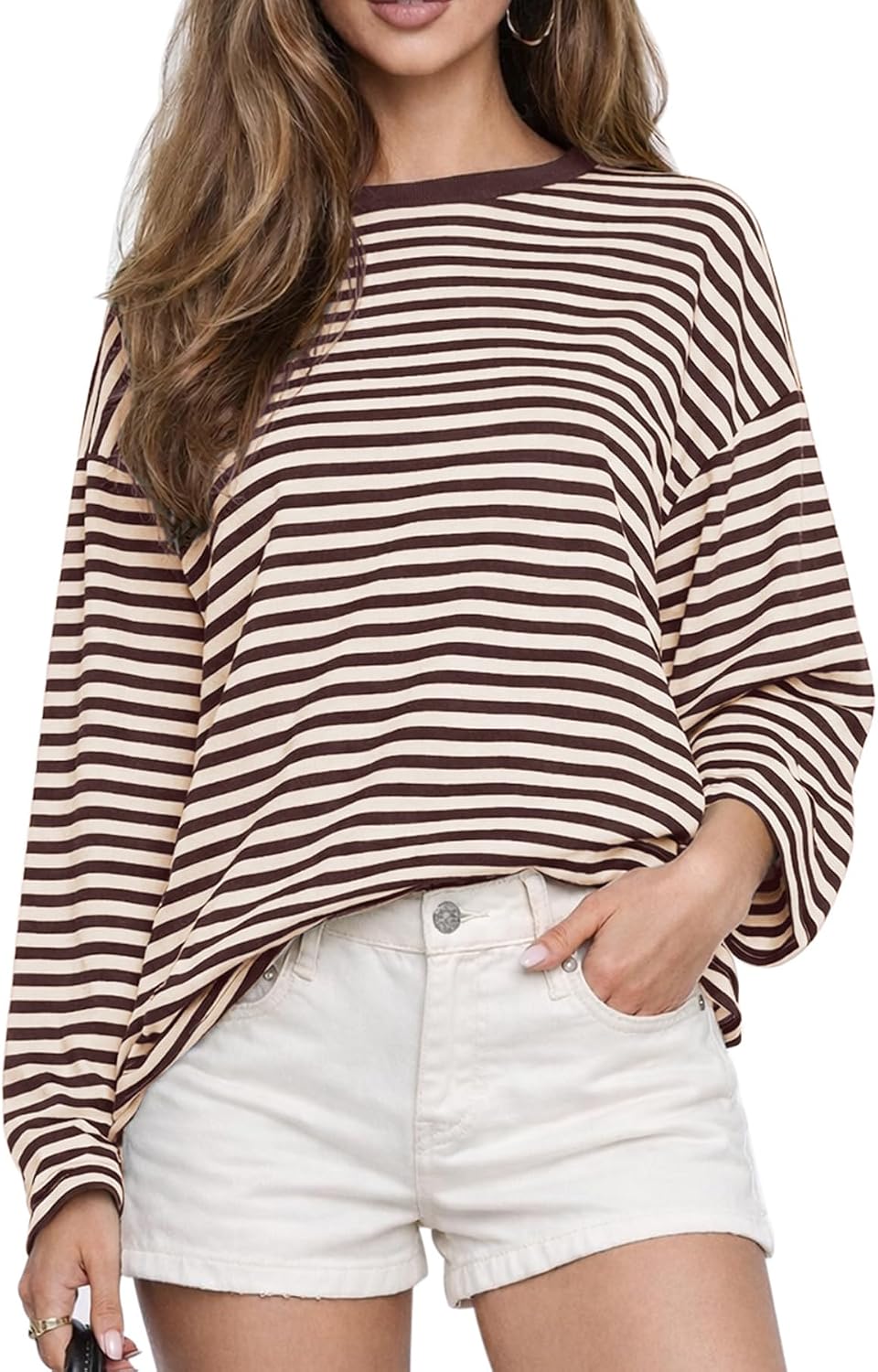 Women's Oversized Striped Long Sleeve Tee - Crew Neck, Contrast Stripe Knit, Relaxed Fall Top for Layering - Small (9)