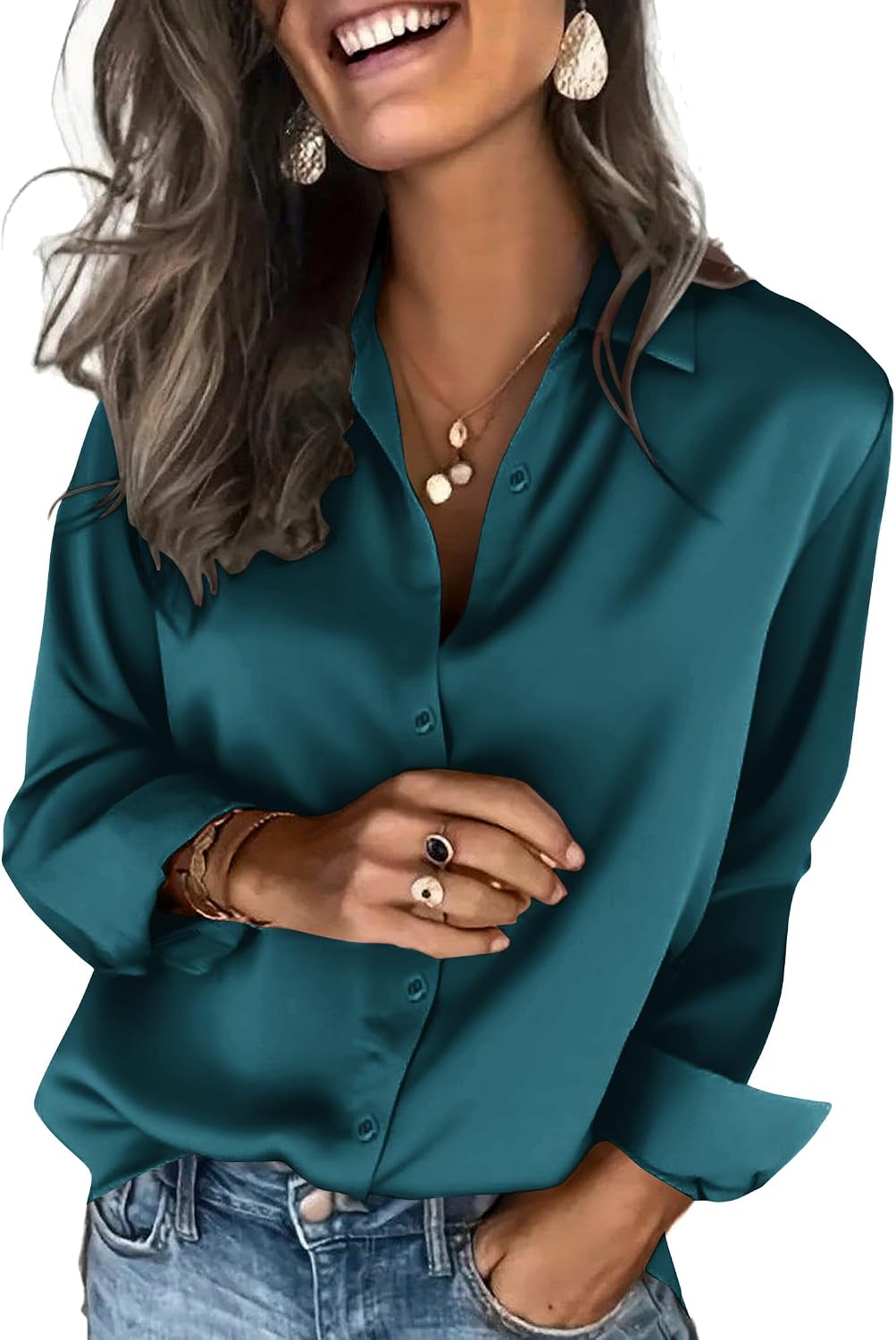 Women's Satin Button Down Blouse - Long Sleeves, Silky Drape, Business Casual Shirt for the Office - Aa-white