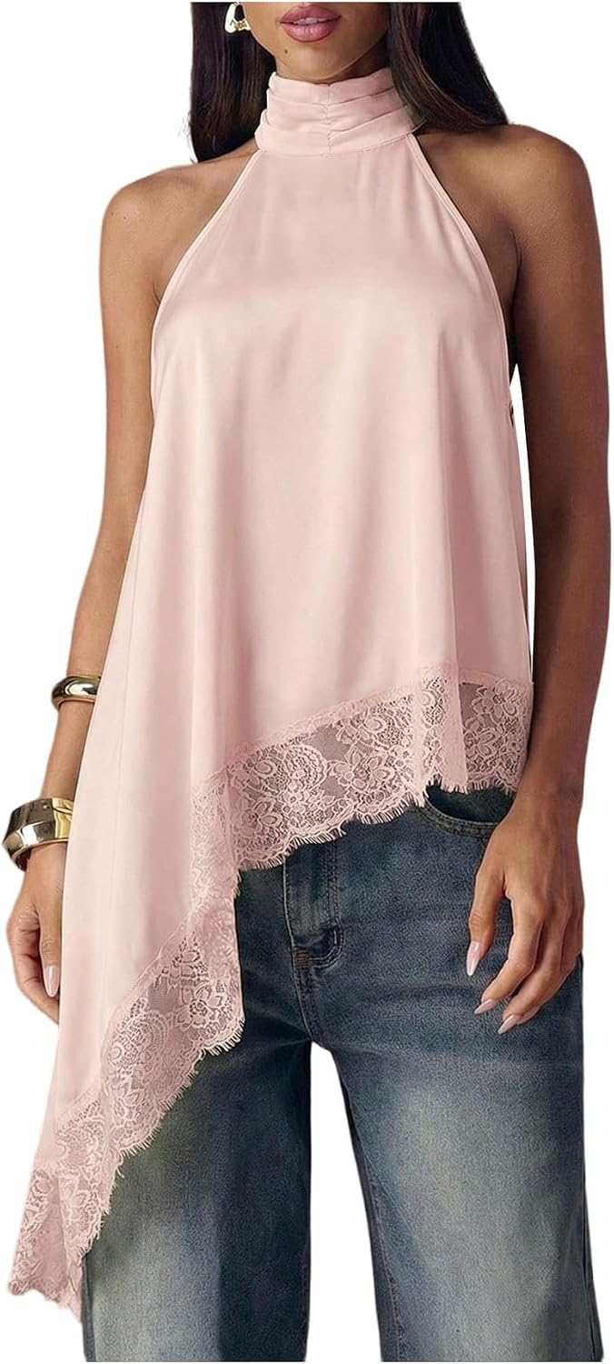 Women's Lace Halter Neck Top - Asymmetrical Hem, Sleeveless Flowy Cut for Date Night and Concerts - Small