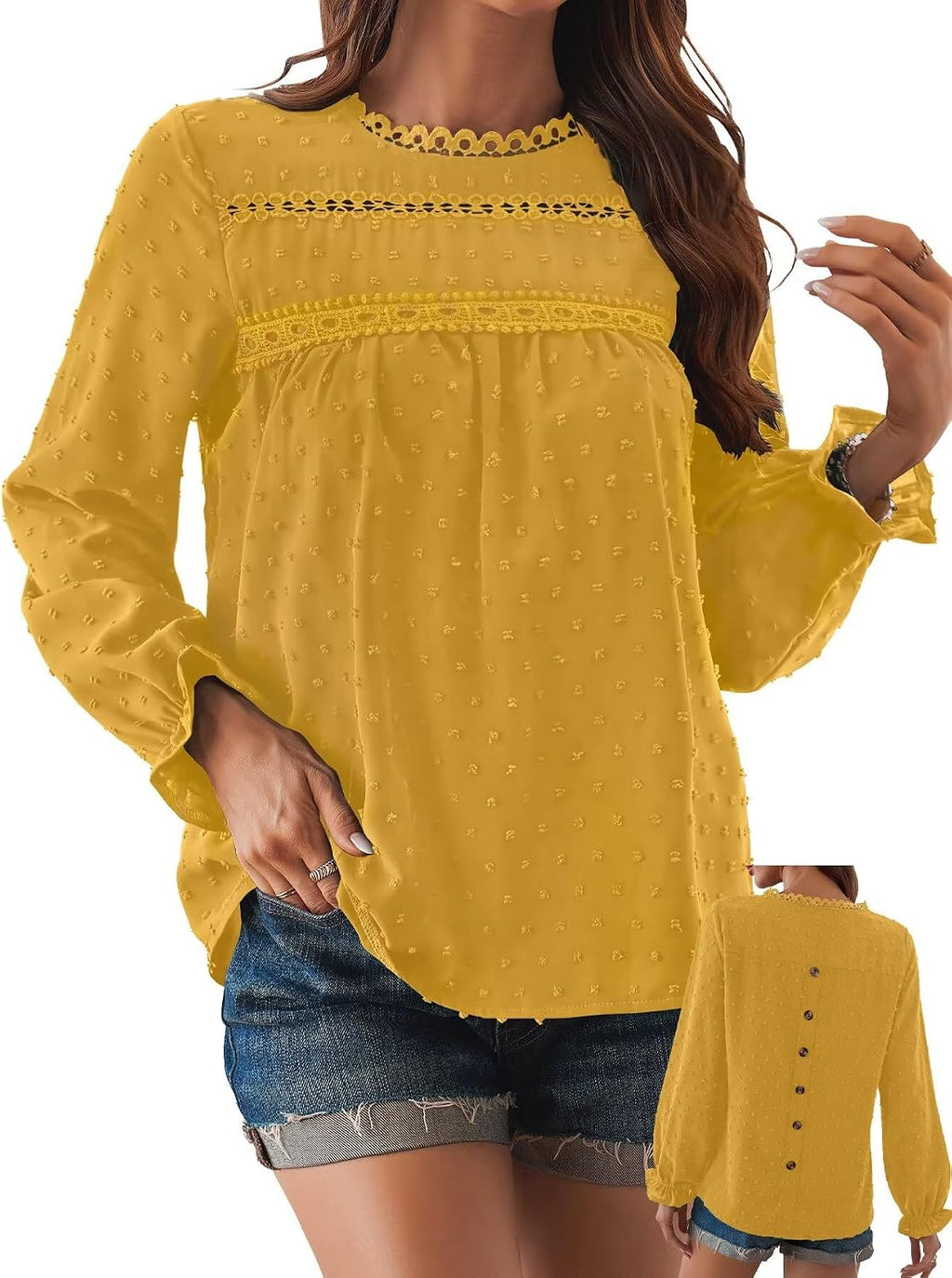 Women's Swiss Dot Ruffle Blouse - Long Sleeve Crew Neck, Eyelet Lace Trim, Flowy Fit in Sizes XS to 5XL - Small (15)