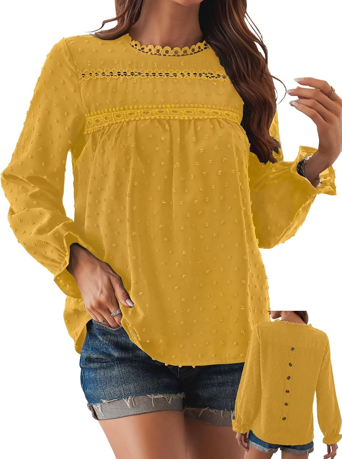 Women's Swiss Dot Ruffle Blouse - Long Sleeve Crew Neck, Eyelet Lace Trim, Flowy Fit in Sizes XS to 5XL - Small (15)