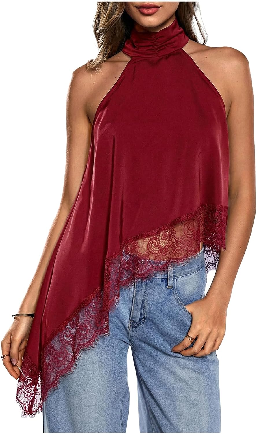 Women's Lace Halter Neck Top - Asymmetrical Hem, Sleeveless Flowy Cut for Date Night and Concerts - Small (10)