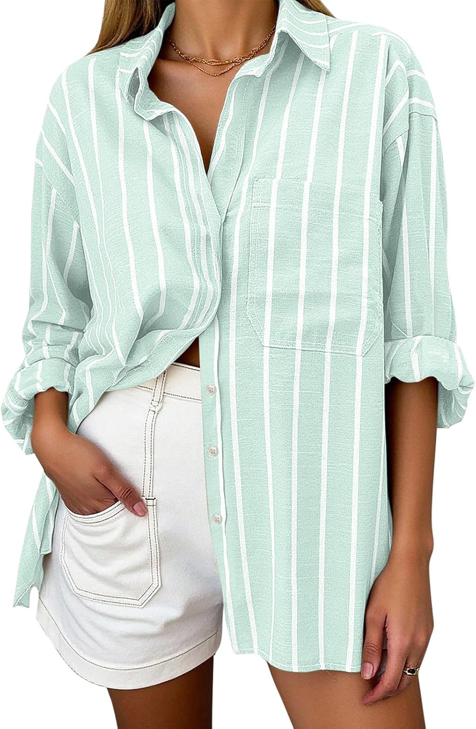 Women's Oversized Linen Blend Shirt - Striped, Long Sleeve Button Down with a Chest Pocket for Beach Days - Medium