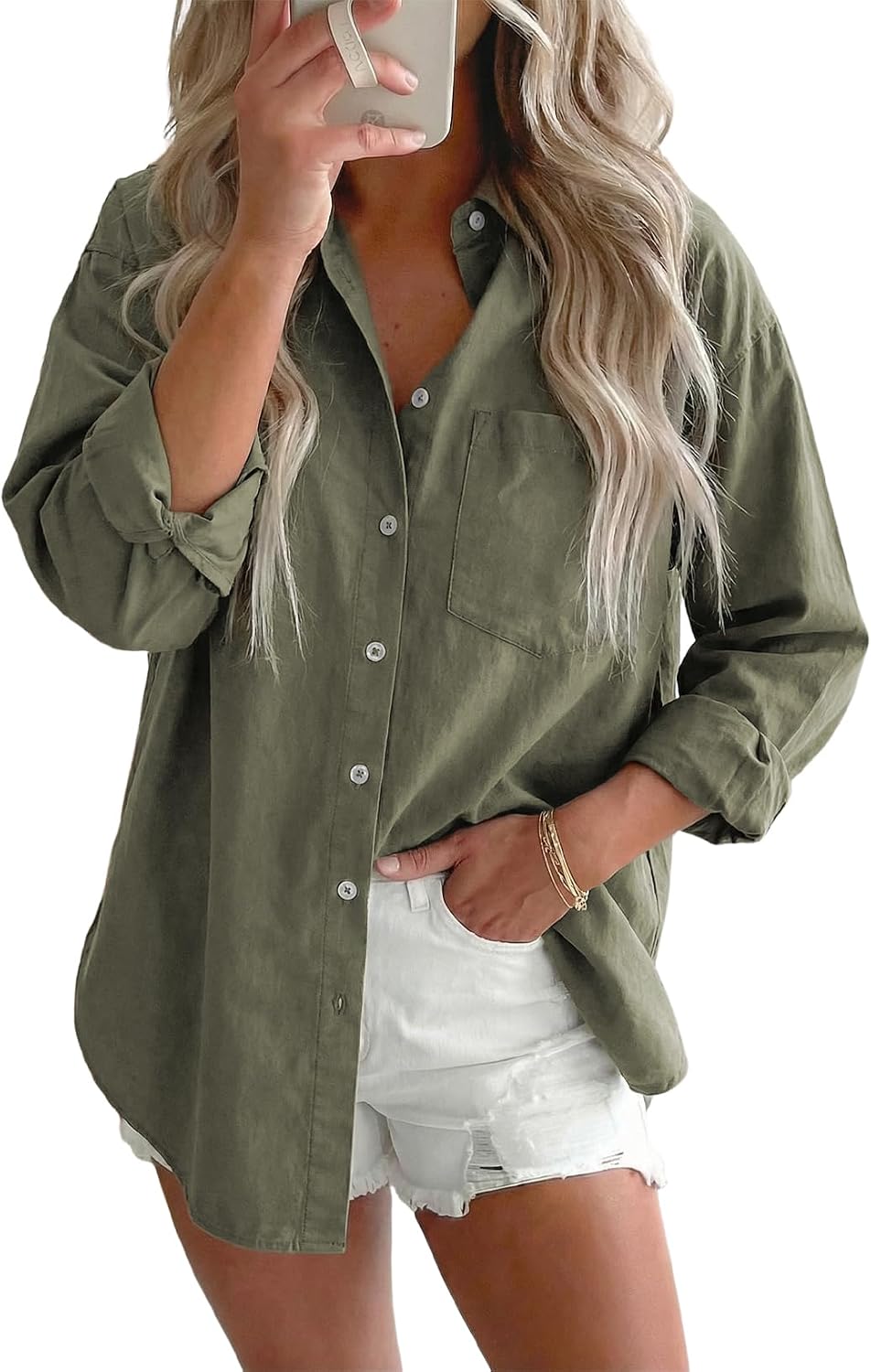 Women's Denim Button Down Shirt - V Neckline, Long Sleeves, Casual Chambray Blouse for Workdays and Weekends - Small