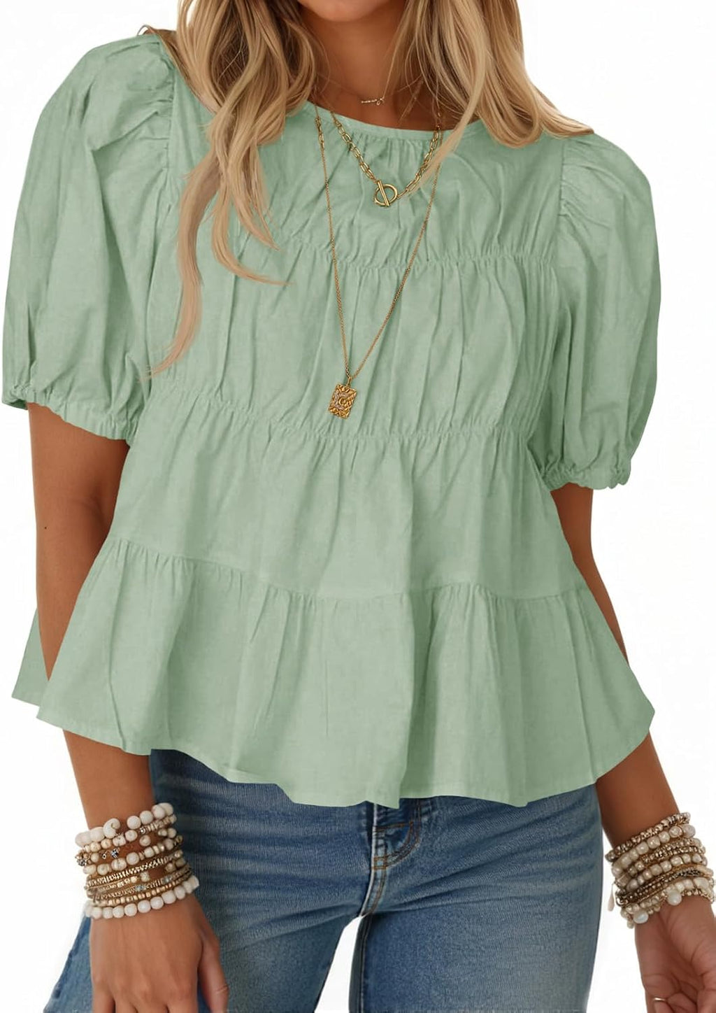 Women's Puff Sleeve Peplum Top - Pleated Babydoll Cut, Short Sleeve Cotton Blouse for Summer Outings - Mint Green