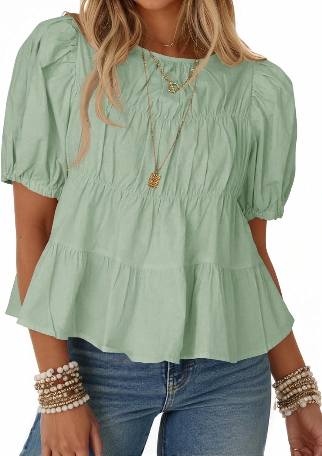 Women's Puff Sleeve Peplum Top - Pleated Babydoll Cut, Short Sleeve Cotton Blouse for Summer Outings - Mint Green