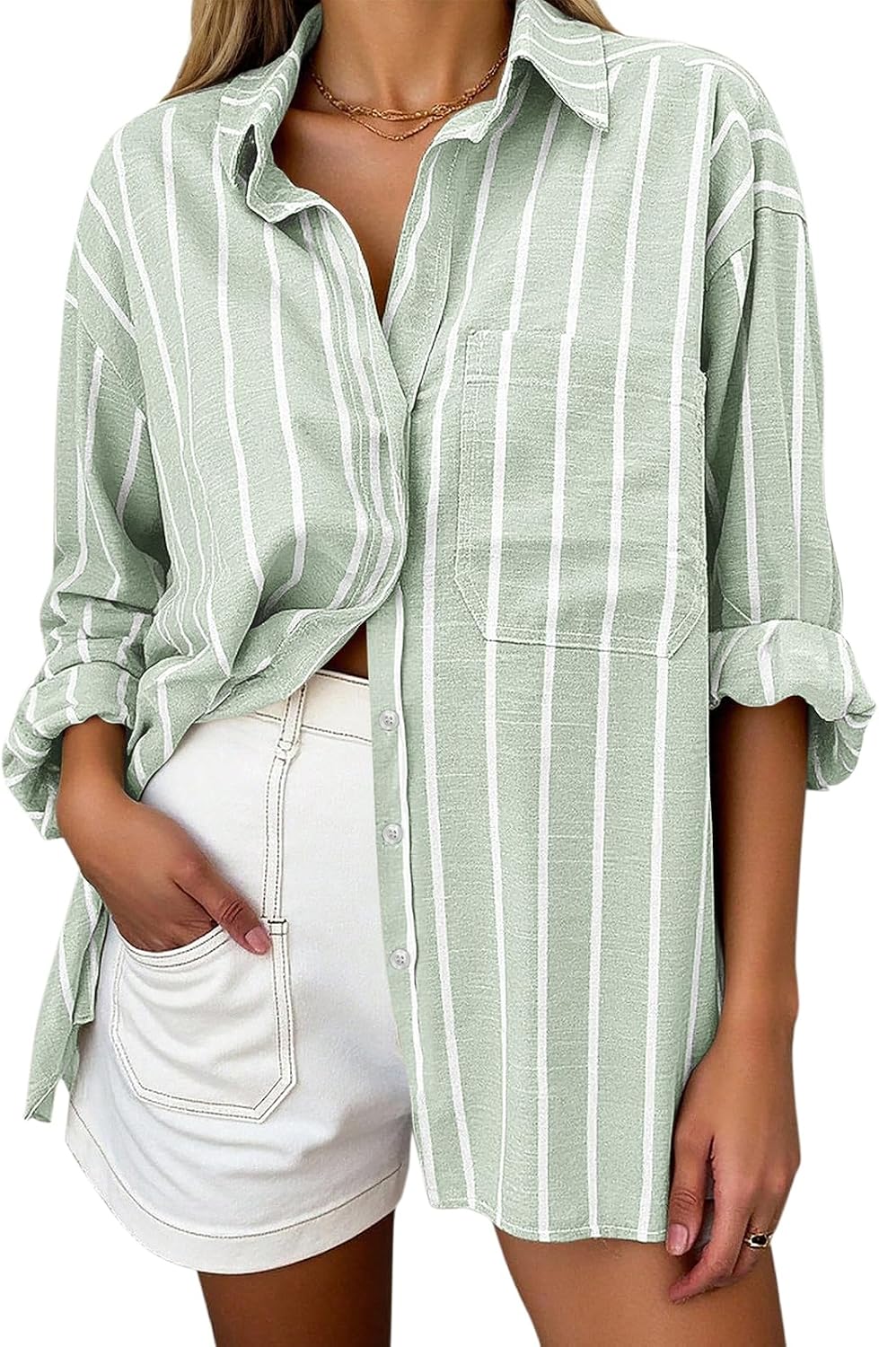 Women's Oversized Linen Blend Shirt - Striped, Long Sleeve Button Down with a Chest Pocket for Beach Days - Medium