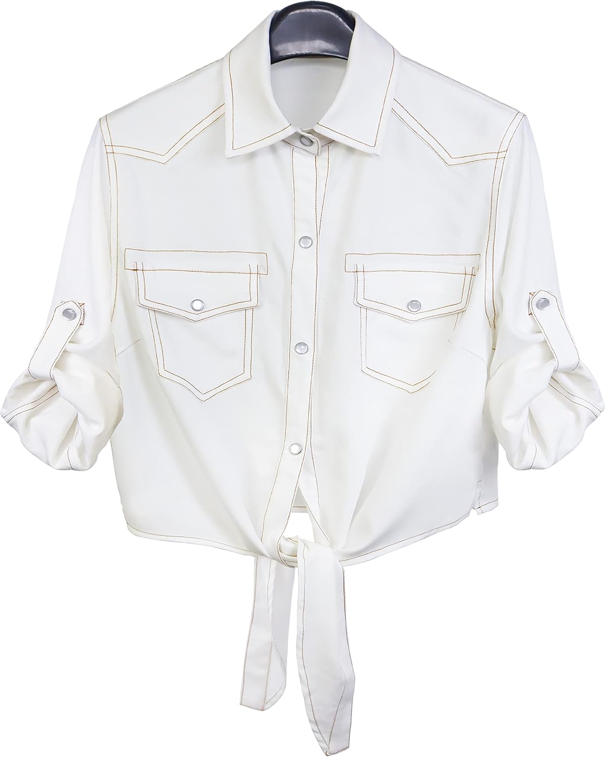 Women's Tie Front Denim Crop Shirt - Roll Up Three Quarter Sleeves, Chambray Button Down for Western Looks - Small