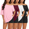 Women's Off the Shoulder Tops 4 Pack - Oversized Short Sleeve Tees with a Flowy Baggy Cut for Summer - 1 Black 1 White 1