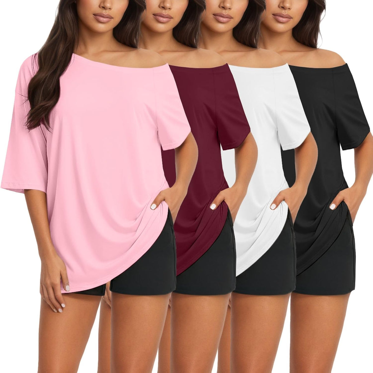 Women's Off the Shoulder Tops 4 Pack - Oversized Short Sleeve Tees with a Flowy Baggy Cut for Summer - 1 Black 1 White 1